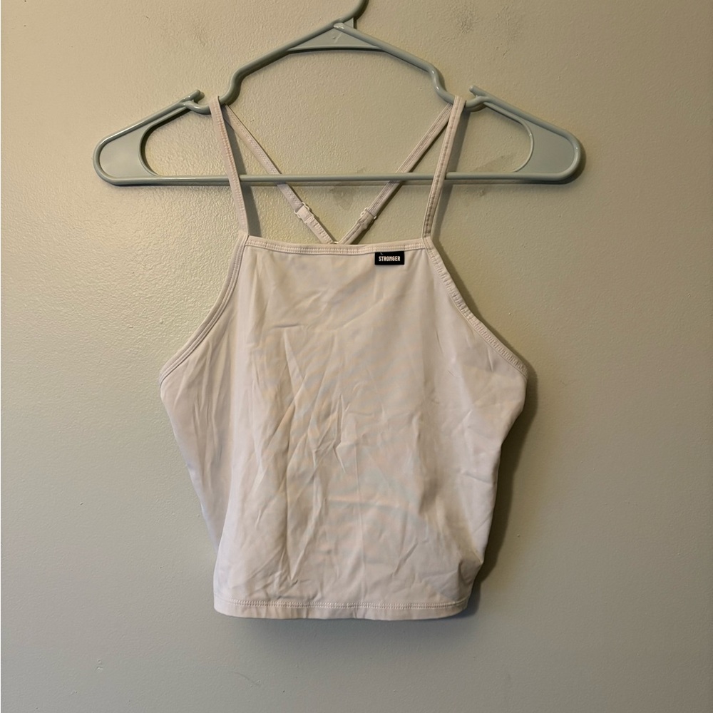 STRONGER White Mesh Back Adjustable Strap Athletic Crop Top, Size Small Women’s